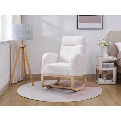 Modern Accent Rocking Chair Rocking Chair with Solid Wood Legs, Upholstered Nursery Glider Rocker, Comfy Armchair with Side Pocket, Living Room Lounge Arm Chair with High Backrest (White,teddy)