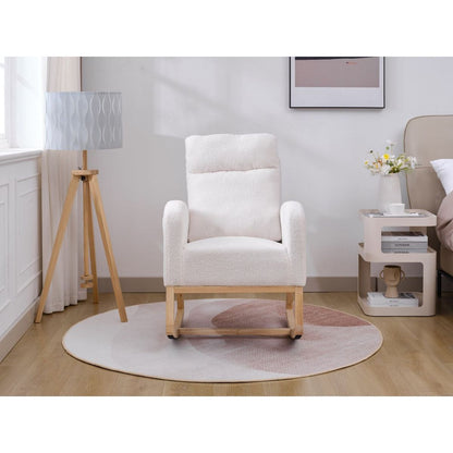 Modern Accent Rocking Chair Rocking Chair with Solid Wood Legs, Upholstered Nursery Glider Rocker, Comfy Armchair with Side Pocket, Living Room Lounge Arm Chair with High Backrest (White,teddy)