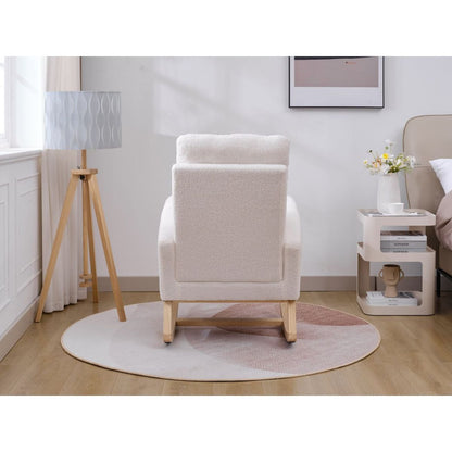 Modern Accent Rocking Chair Rocking Chair with Solid Wood Legs, Upholstered Nursery Glider Rocker, Comfy Armchair with Side Pocket, Living Room Lounge Arm Chair with High Backrest (White,teddy)