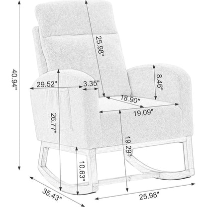 Modern Accent Rocking Chair Rocking Chair with Solid Wood Legs, Upholstered Nursery Glider Rocker, Comfy Armchair with Side Pocket, Living Room Lounge Arm Chair with High Backrest (White,teddy)