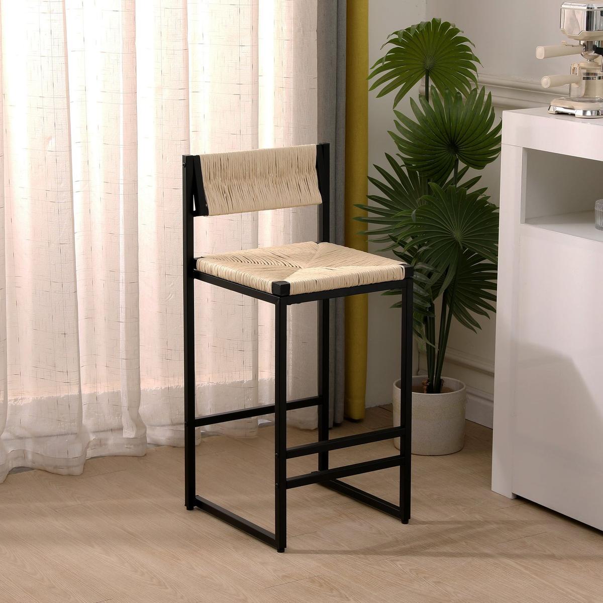 Creamy White Paper Rope Woven Bar Stools Set of 2 Hand Weave Counter Stool with footrest for Kitchen Island, Dining Room (Creamy White)