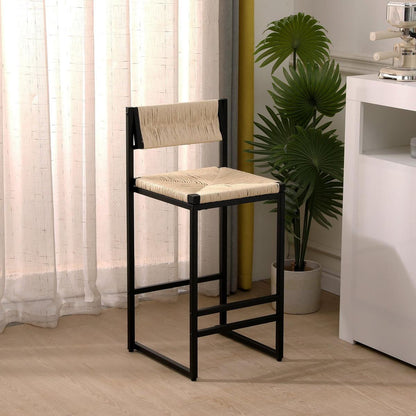Creamy White Paper Rope Woven Bar Stools Set of 2 Hand Weave Counter Stool with footrest for Kitchen Island, Dining Room (Creamy White)