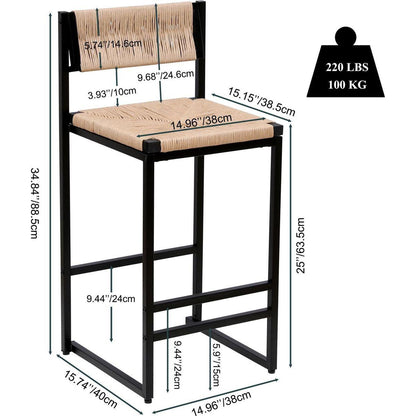 Honey Bar Stools Set of 2 Paper Rope Weave Dining Chairs with Back Hand Weave Stools for Kichen Island, Bar & Counter (Honey)