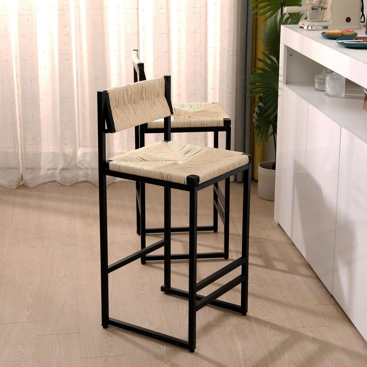Creamy White Paper Rope Woven Bar Stools Set of 2 Hand Weave Counter Stool with footrest for Kitchen Island, Dining Room (Creamy White)