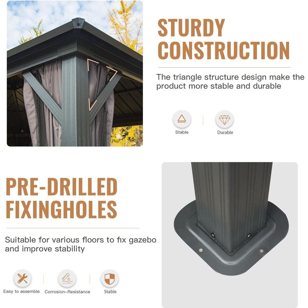 12' X 20' Hardtop Gazebo, Aluminum Metal Gazebo with Galvanized Steel Double Roof Canopy, Curtain and Netting, Permanent Gazebo Pavilion for Patio, Backyard, Deck, Lawn