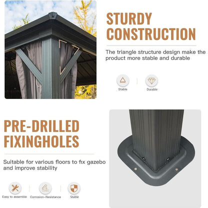 12' X 20' Hardtop Gazebo, Aluminum Metal Gazebo with Galvanized Steel Double Roof Canopy, Curtain and Netting, Permanent Gazebo Pavilion for Patio, Backyard, Deck, Lawn