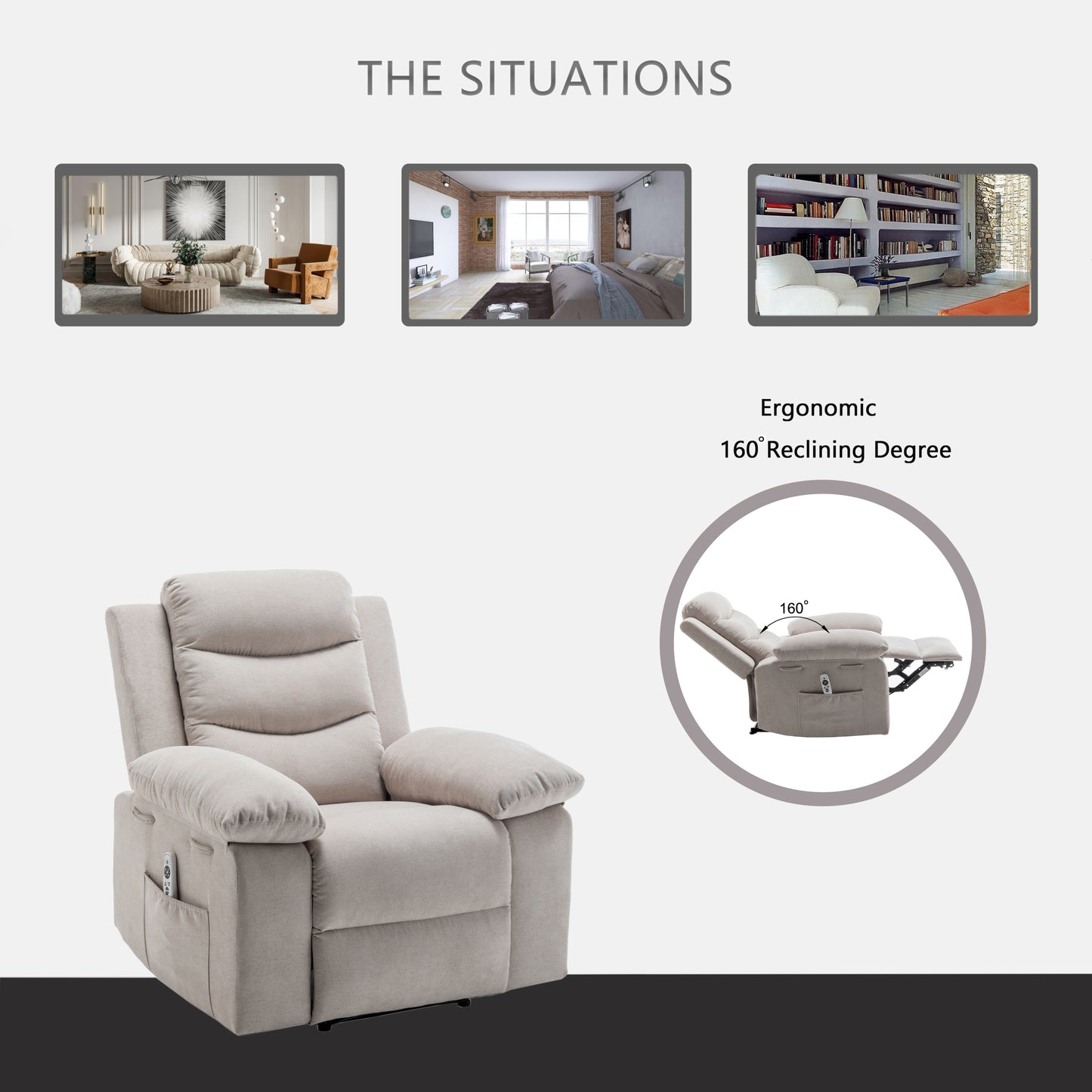 Power Recliner Chair with Adjustable Massage Function, Recliner Chair with Heating System for Living Room, Beige color fabric