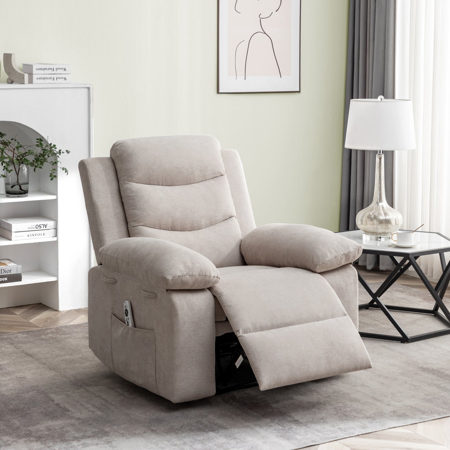 Power Recliner Chair with Adjustable Massage Function, Recliner Chair with Heating System for Living Room, Beige color fabric