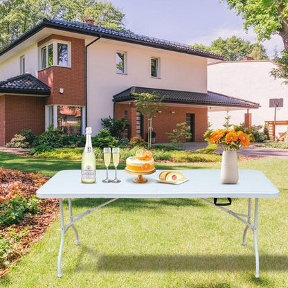 6FT Portable folding table with hand grip, suitable for picnic camping garden dinner party, stable and reliable, versatile