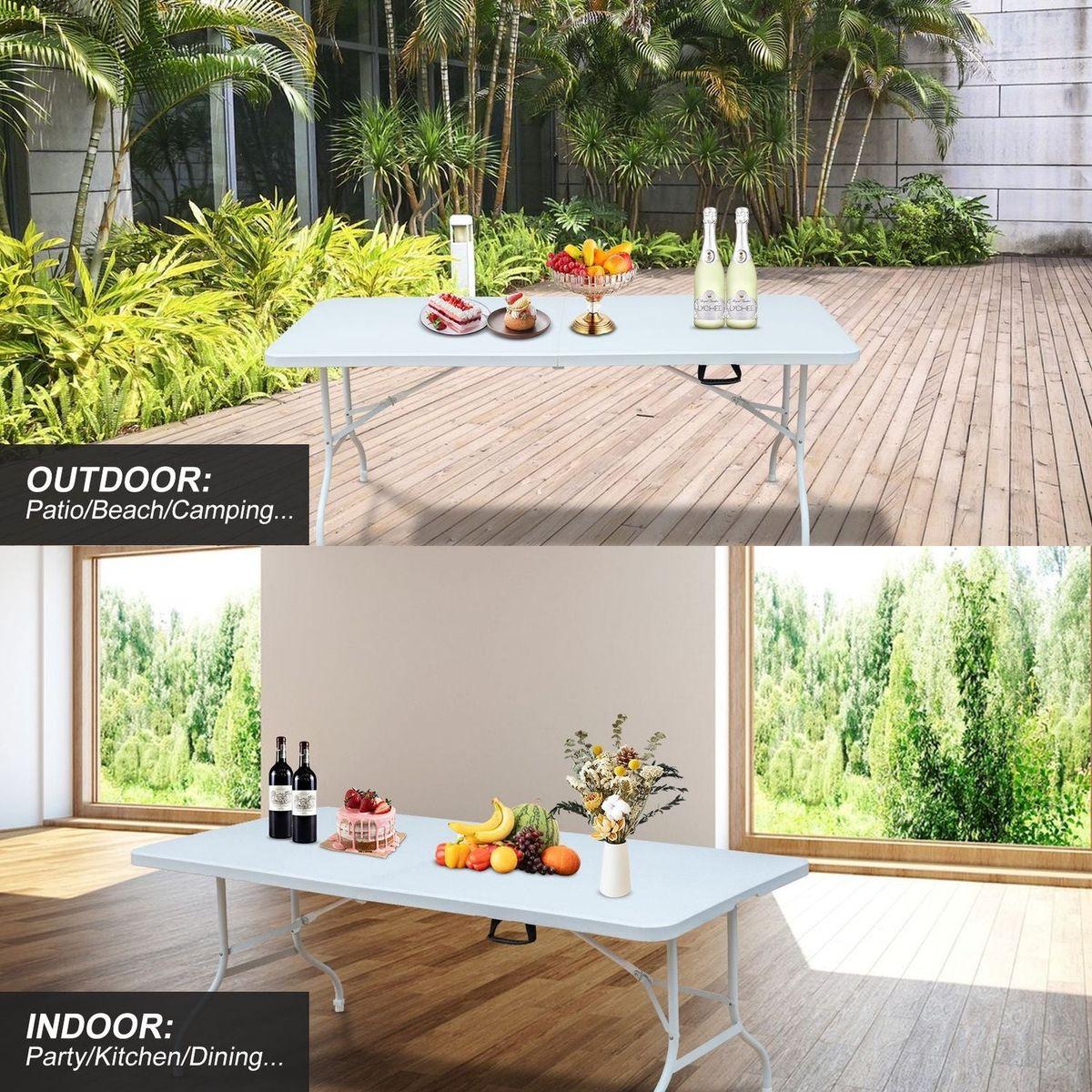 6FT Portable folding table with hand grip, suitable for picnic camping garden dinner party, stable and reliable, versatile