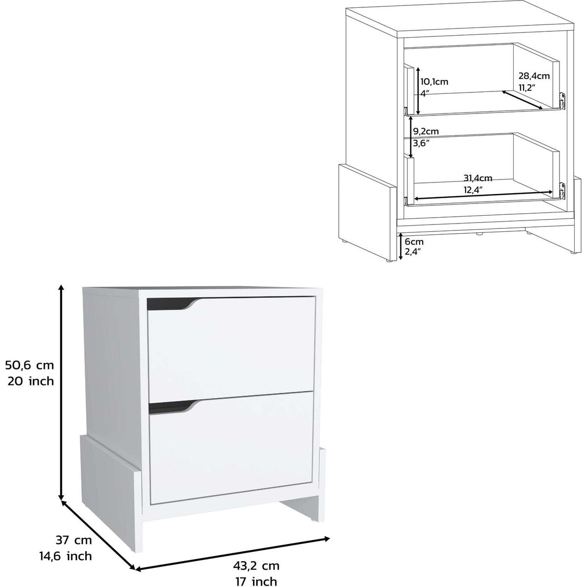 Haines Nightstand with 2-Drawers, End Table with Sturdy Base, White