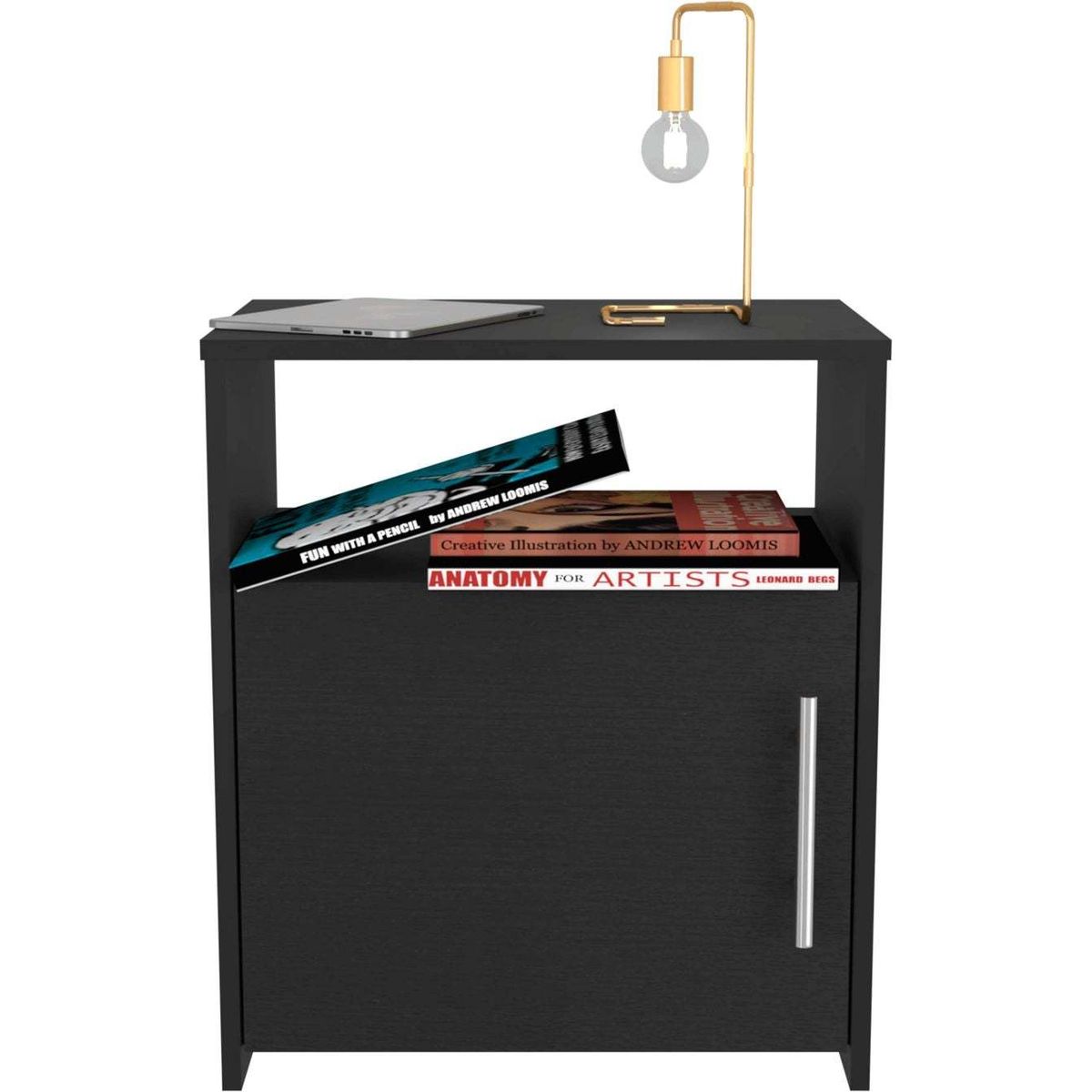 Omaha Nightstand, Single Door Cabinet, Metal Handle, One Shelf, Superior Top, Black