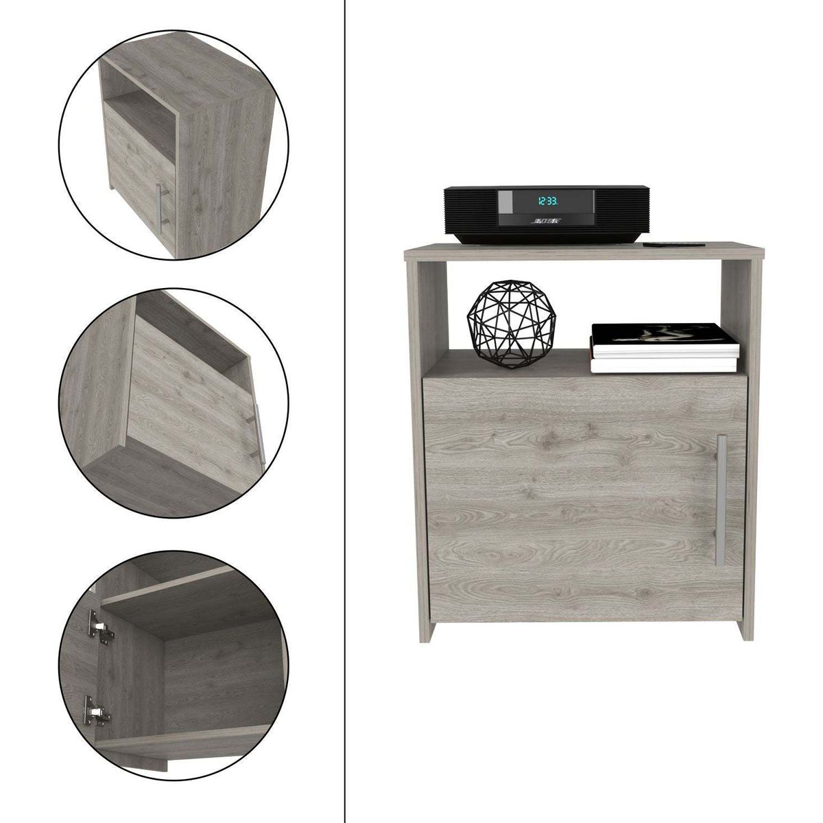 Omaha Nightstand, Single Door Cabinet, Metal Handle, One Shelf, Superior Top, Light Gray