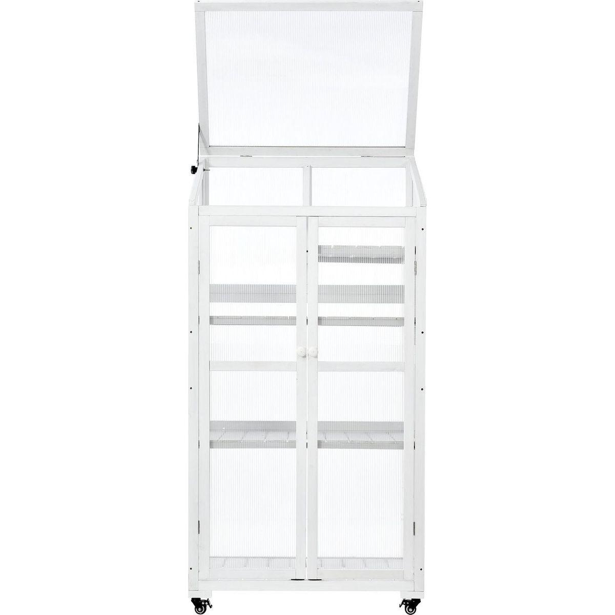 62inch Height Wood Large Greenhouse Balcony Portable Cold Frame with Wheels and Adjustable Shelves for Outdoor Indoor Use, White