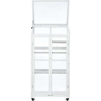 62inch Height Wood Large Greenhouse Balcony Portable Cold Frame with Wheels and Adjustable Shelves for Outdoor Indoor Use, White