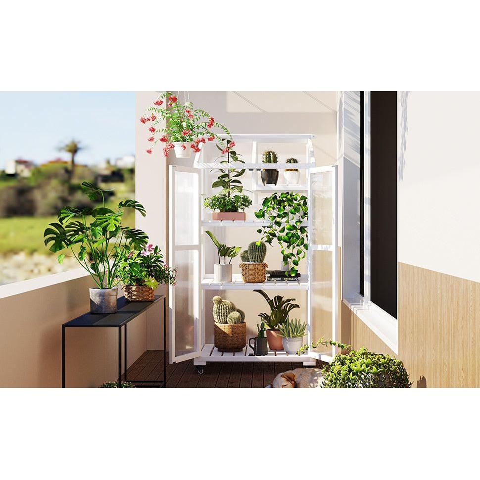 62inch Height Wood Large Greenhouse Balcony Portable Cold Frame with Wheels and Adjustable Shelves for Outdoor Indoor Use, White