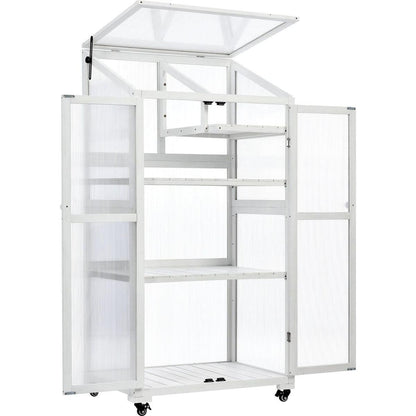 62inch Height Wood Large Greenhouse Balcony Portable Cold Frame with Wheels and Adjustable Shelves for Outdoor Indoor Use, White