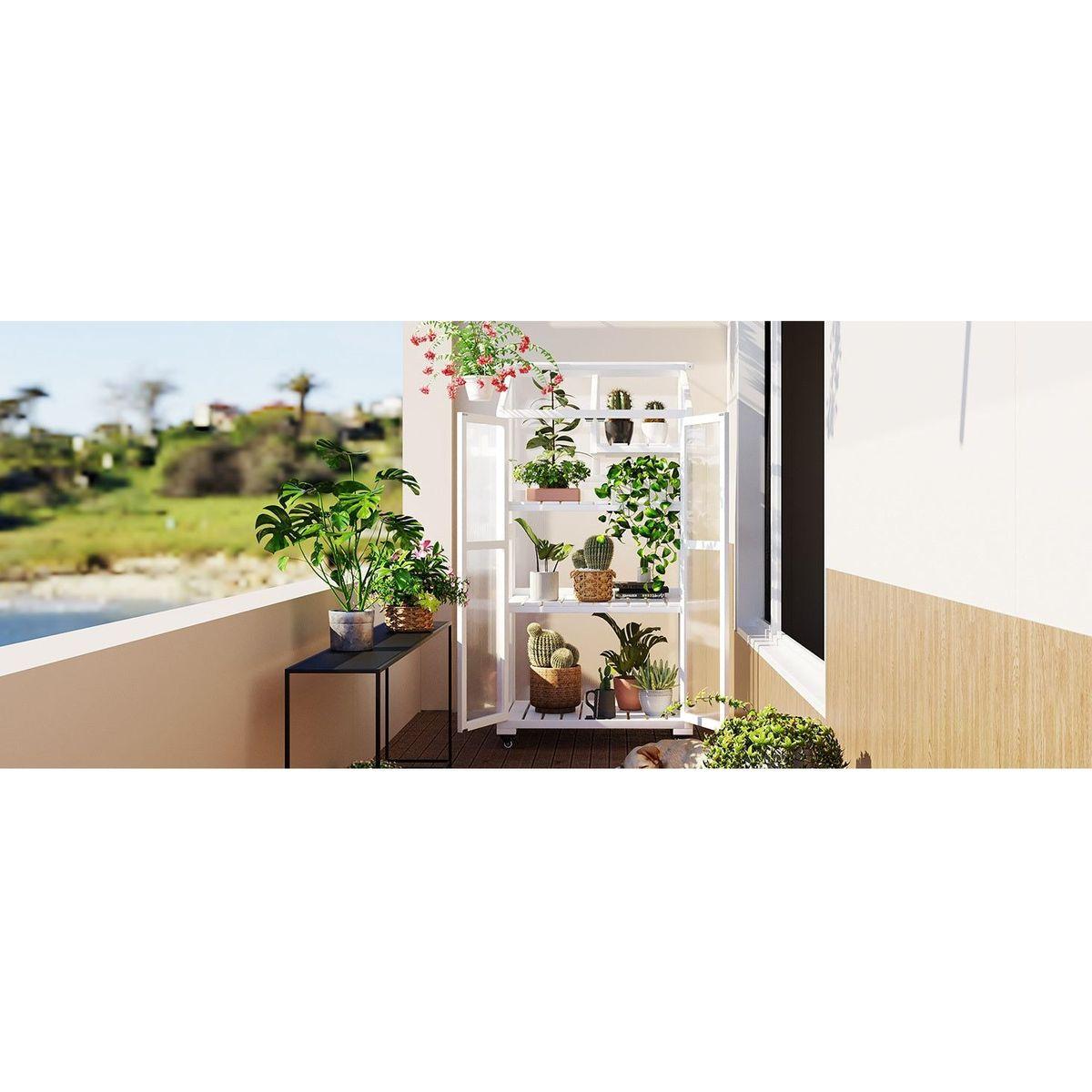 62inch Height Wood Large Greenhouse Balcony Portable Cold Frame with Wheels and Adjustable Shelves for Outdoor Indoor Use, White