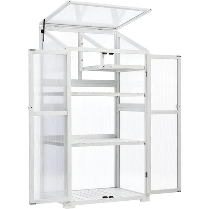 62inch Height Wood Large Greenhouse Balcony Portable Cold Frame with Wheels and Adjustable Shelves for Outdoor Indoor Use, White