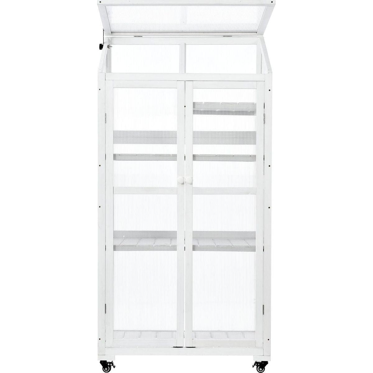 62inch Height Wood Large Greenhouse Balcony Portable Cold Frame with Wheels and Adjustable Shelves for Outdoor Indoor Use, White