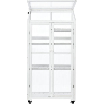 62inch Height Wood Large Greenhouse Balcony Portable Cold Frame with Wheels and Adjustable Shelves for Outdoor Indoor Use, White