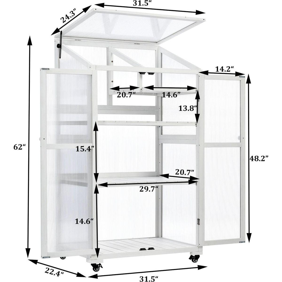 62inch Height Wood Large Greenhouse Balcony Portable Cold Frame with Wheels and Adjustable Shelves for Outdoor Indoor Use, White
