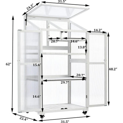 62inch Height Wood Large Greenhouse Balcony Portable Cold Frame with Wheels and Adjustable Shelves for Outdoor Indoor Use, White