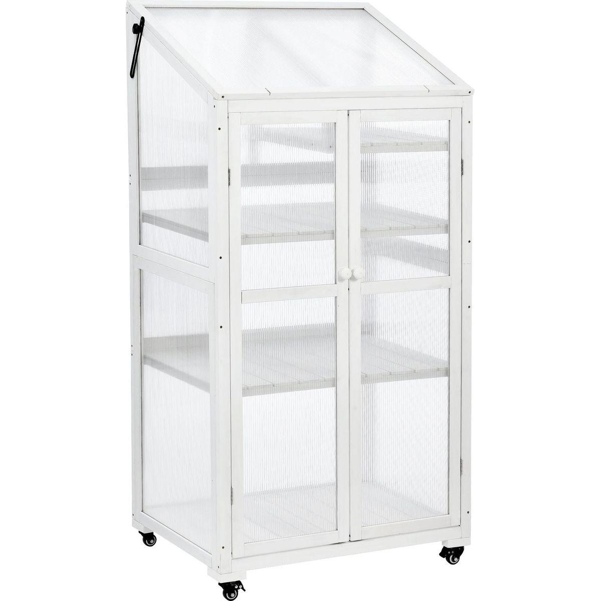 62inch Height Wood Large Greenhouse Balcony Portable Cold Frame with Wheels and Adjustable Shelves for Outdoor Indoor Use, White