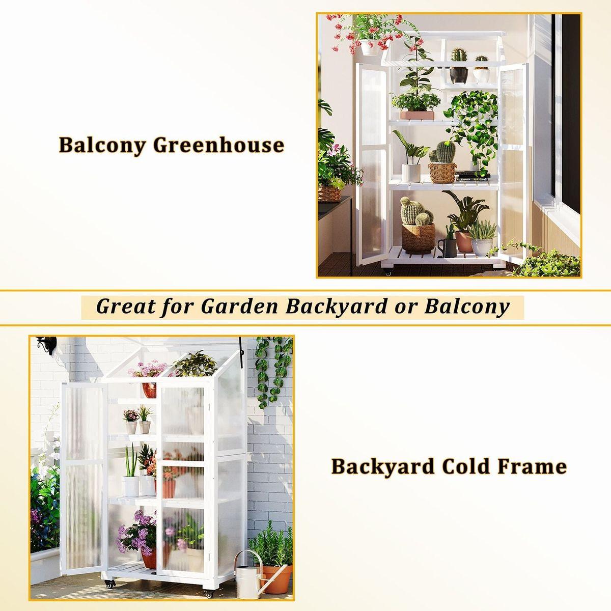 62inch Height Wood Large Greenhouse Balcony Portable Cold Frame with Wheels and Adjustable Shelves for Outdoor Indoor Use, White