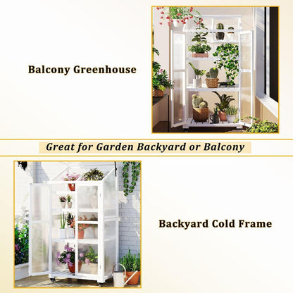 62inch Height Wood Large Greenhouse Balcony Portable Cold Frame with Wheels and Adjustable Shelves for Outdoor Indoor Use, White
