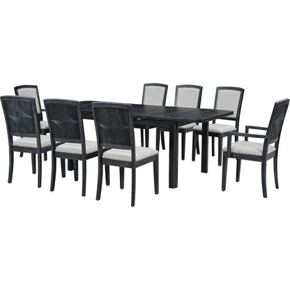 Rustic Extendable 84inch Dining Table Set with 24inch Removable Leaf, 6 Upholstered Armless Dining Chairs and 2 Padded Arm Chairs, 9 Pieces, Black