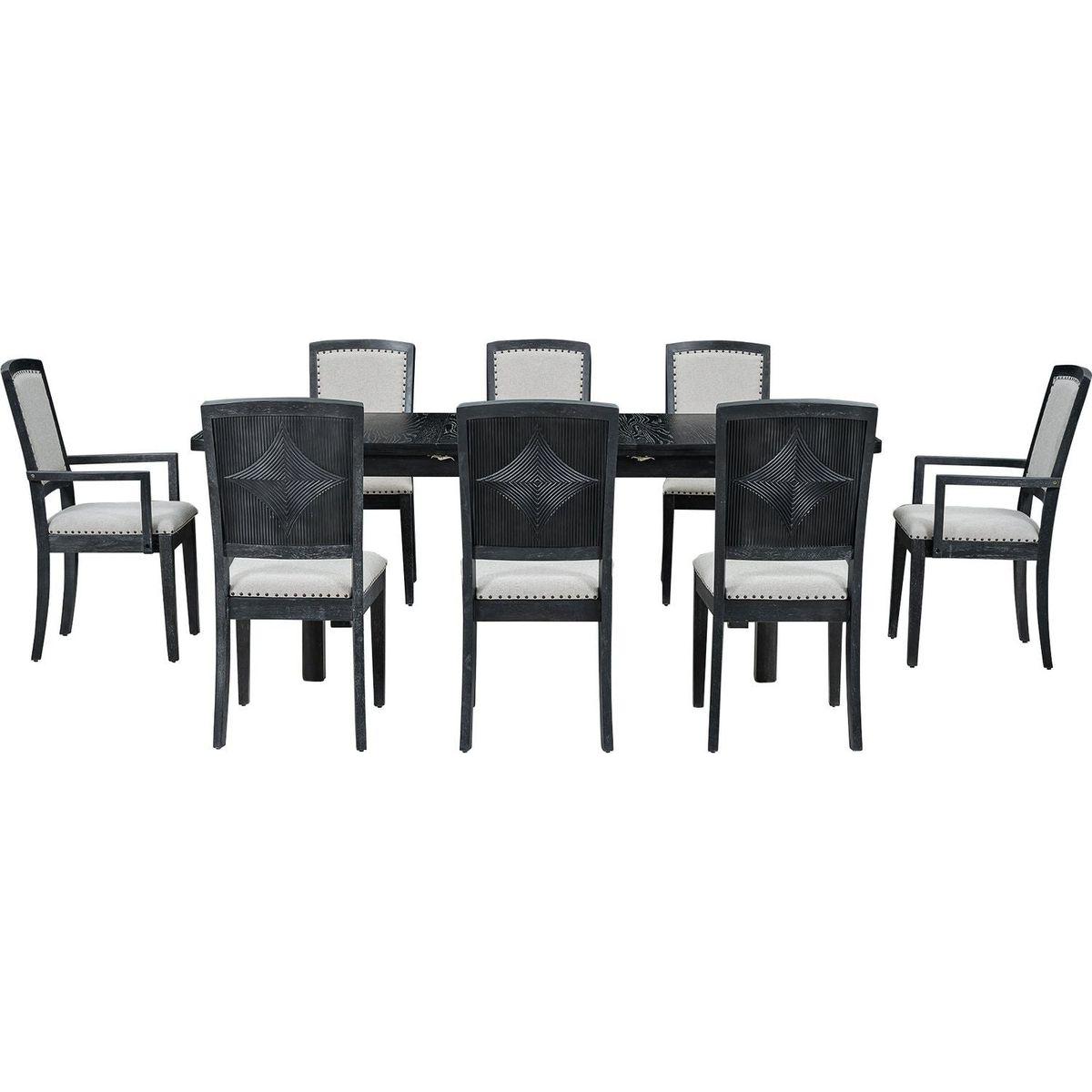 Rustic Extendable 84inch Dining Table Set with 24inch Removable Leaf, 6 Upholstered Armless Dining Chairs and 2 Padded Arm Chairs, 9 Pieces, Black