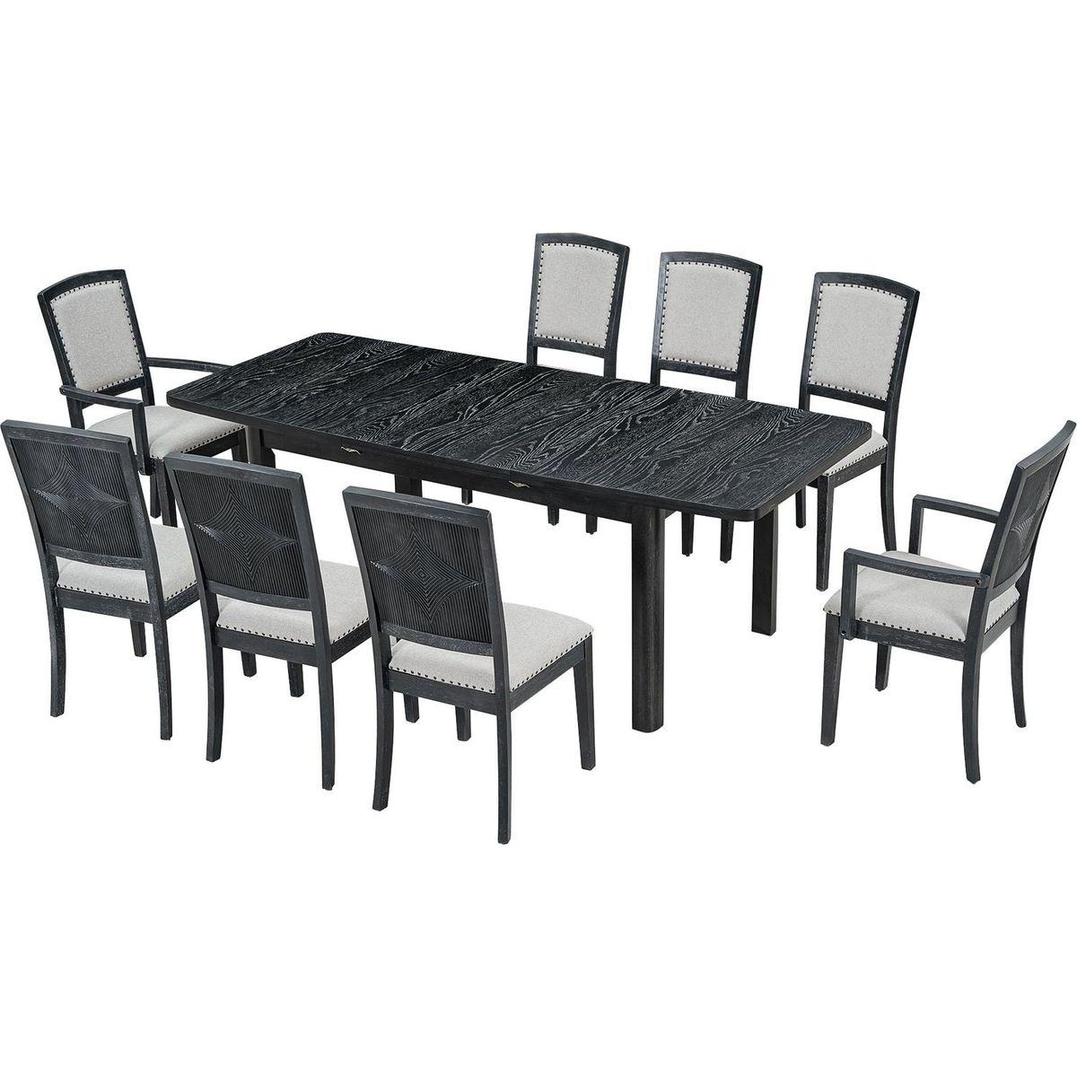 Rustic Extendable 84inch Dining Table Set with 24inch Removable Leaf, 6 Upholstered Armless Dining Chairs and 2 Padded Arm Chairs, 9 Pieces, Black