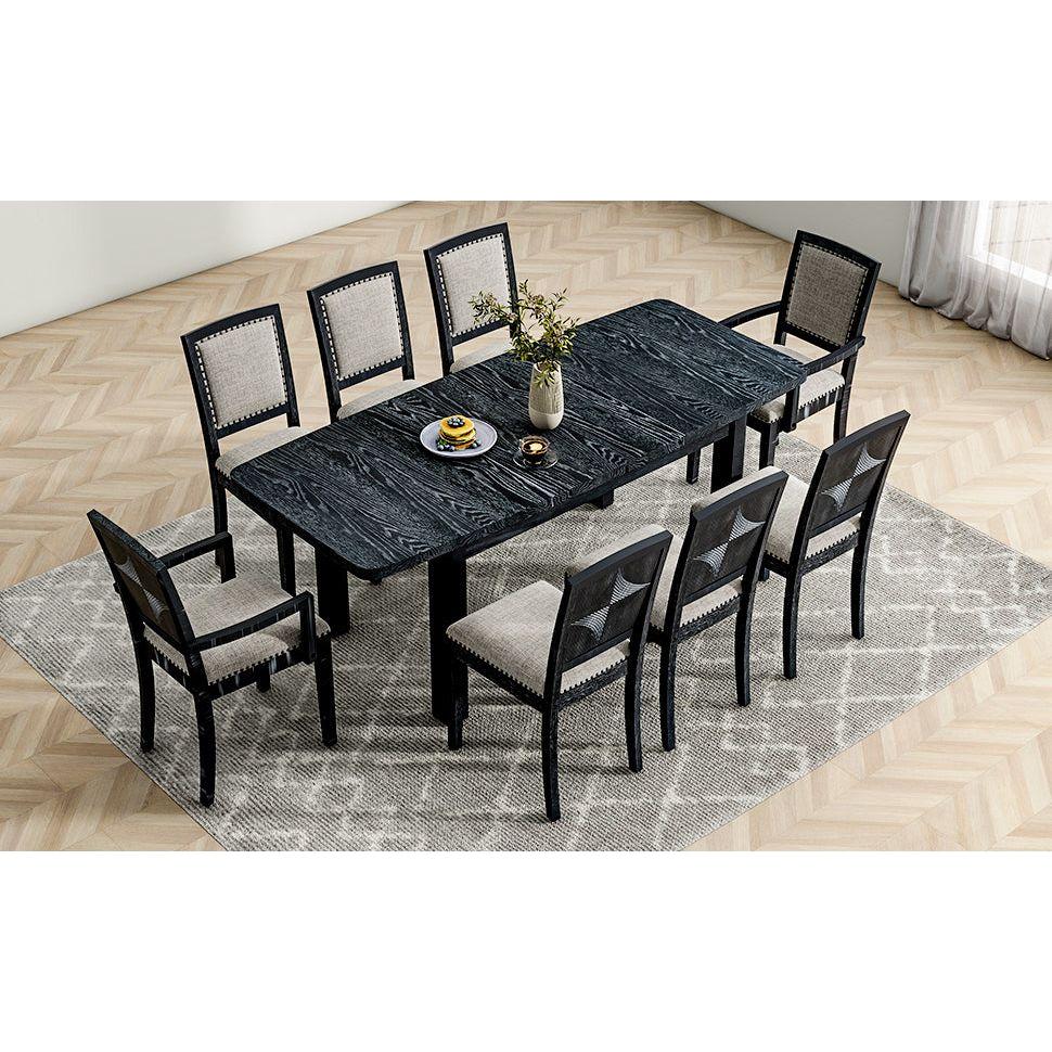 Rustic Extendable 84inch Dining Table Set with 24inch Removable Leaf, 6 Upholstered Armless Dining Chairs and 2 Padded Arm Chairs, 9 Pieces, Black