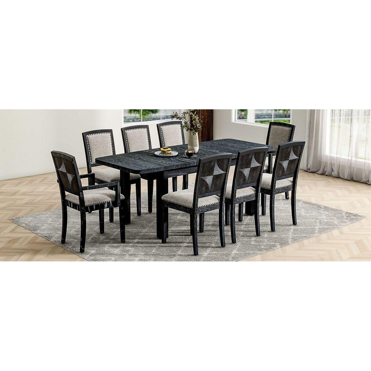 Rustic Extendable 84inch Dining Table Set with 24inch Removable Leaf, 6 Upholstered Armless Dining Chairs and 2 Padded Arm Chairs, 9 Pieces, Black