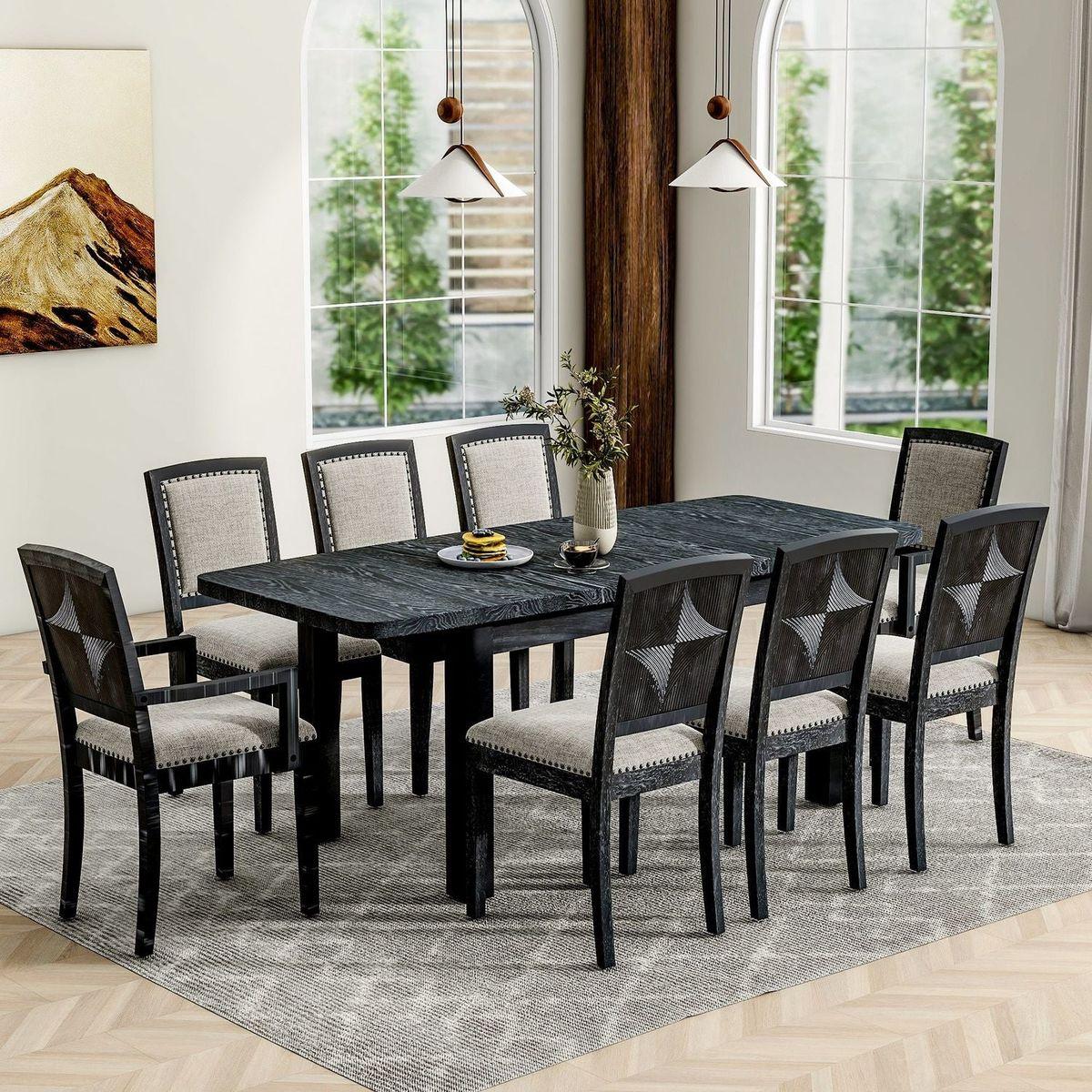 Rustic Extendable 84inch Dining Table Set with 24inch Removable Leaf, 6 Upholstered Armless Dining Chairs and 2 Padded Arm Chairs, 9 Pieces, Black