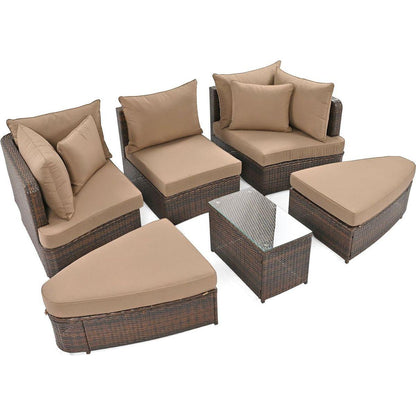 6-Piece Patio Outdoor Conversation Round Sofa Set, PE Wicker Rattan Separate Seating Group with Coffee Table, Brown