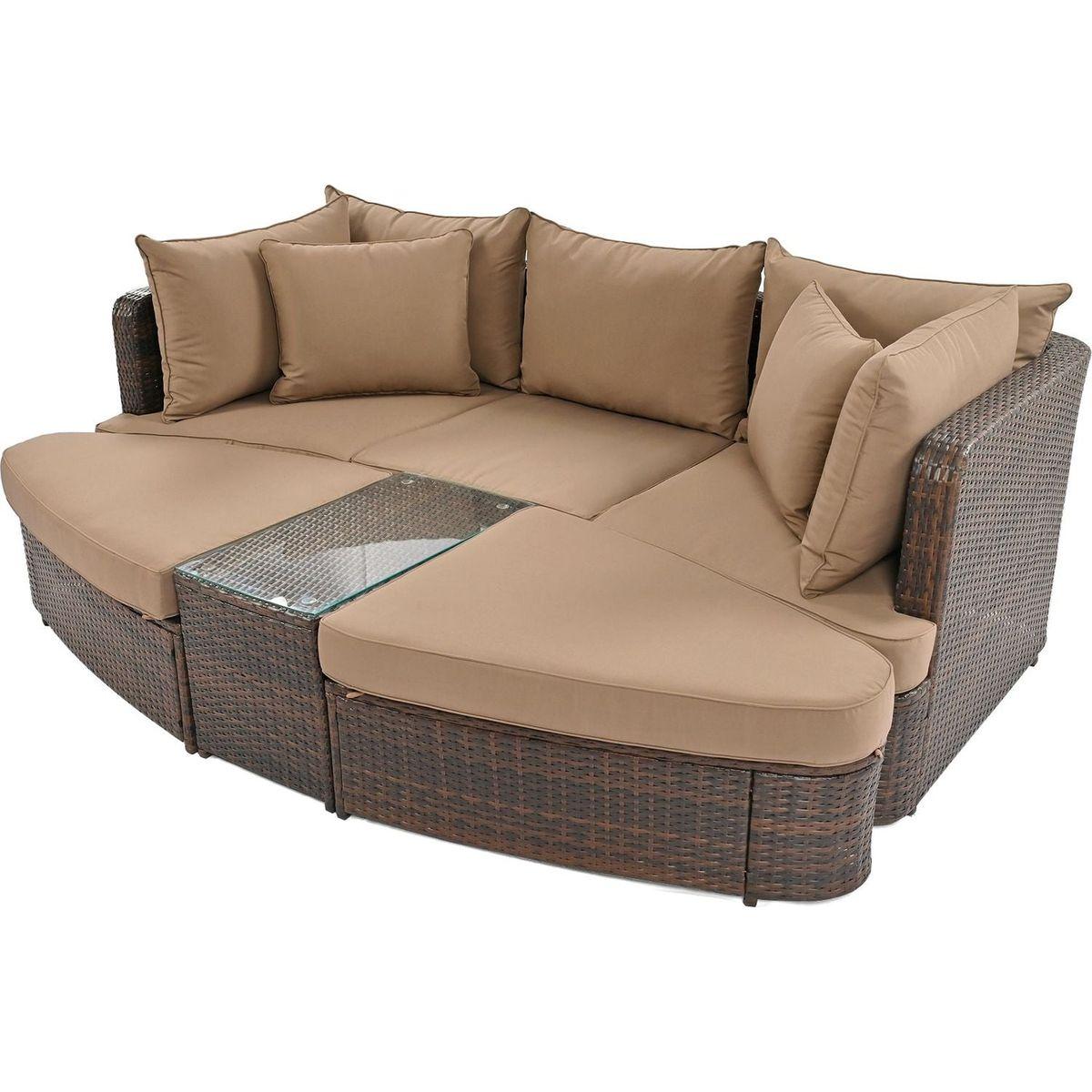 6-Piece Patio Outdoor Conversation Round Sofa Set, PE Wicker Rattan Separate Seating Group with Coffee Table, Brown