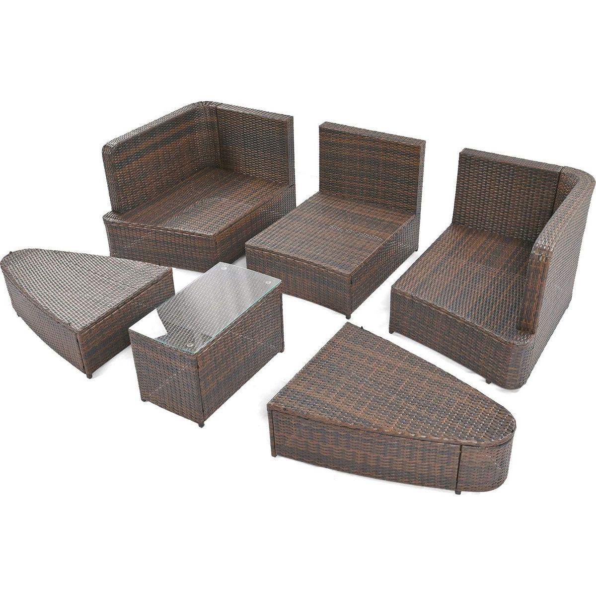 6-Piece Patio Outdoor Conversation Round Sofa Set, PE Wicker Rattan Separate Seating Group with Coffee Table, Brown