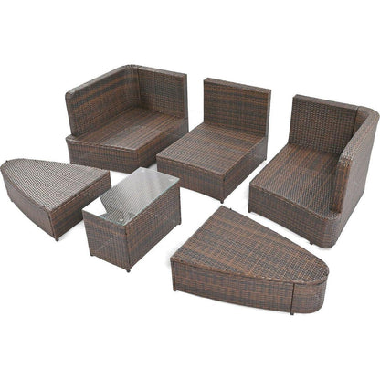 6-Piece Patio Outdoor Conversation Round Sofa Set, PE Wicker Rattan Separate Seating Group with Coffee Table, Brown