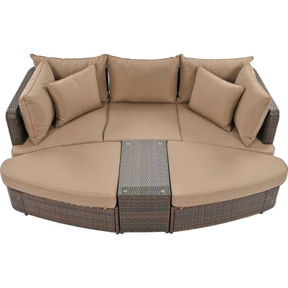 6-Piece Patio Outdoor Conversation Round Sofa Set, PE Wicker Rattan Separate Seating Group with Coffee Table, Brown
