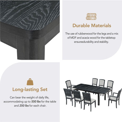 Rustic Extendable 84inch Dining Table Set with 24inch Removable Leaf, 6 Upholstered Armless Dining Chairs and 2 Padded Arm Chairs, 9 Pieces, Black