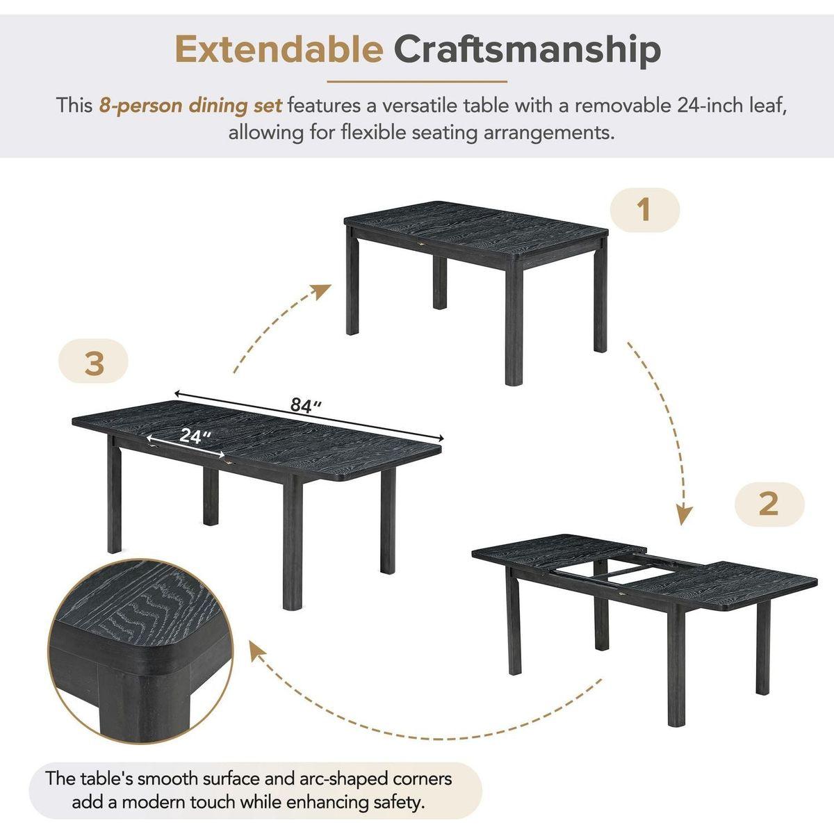 Rustic Extendable 84inch Dining Table Set with 24inch Removable Leaf, 6 Upholstered Armless Dining Chairs and 2 Padded Arm Chairs, 9 Pieces, Black