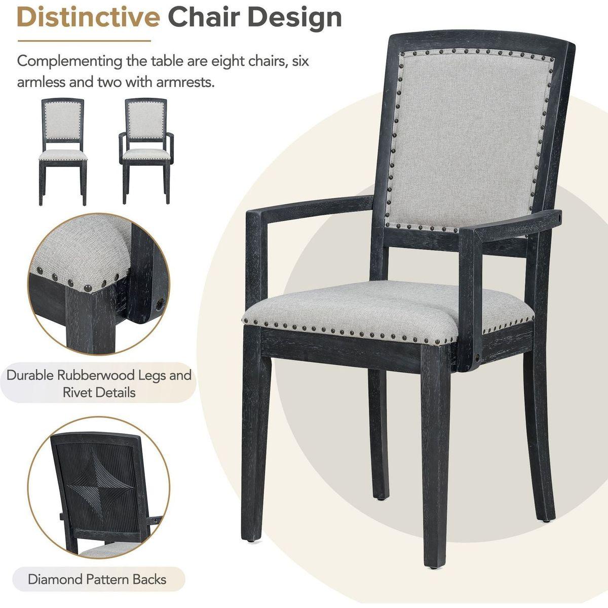 Rustic Extendable 84inch Dining Table Set with 24inch Removable Leaf, 6 Upholstered Armless Dining Chairs and 2 Padded Arm Chairs, 9 Pieces, Black