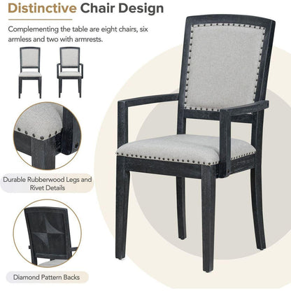 Rustic Extendable 84inch Dining Table Set with 24inch Removable Leaf, 6 Upholstered Armless Dining Chairs and 2 Padded Arm Chairs, 9 Pieces, Black