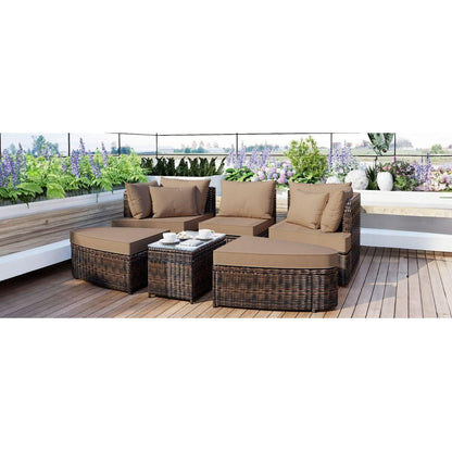 6-Piece Patio Outdoor Conversation Round Sofa Set, PE Wicker Rattan Separate Seating Group with Coffee Table, Brown