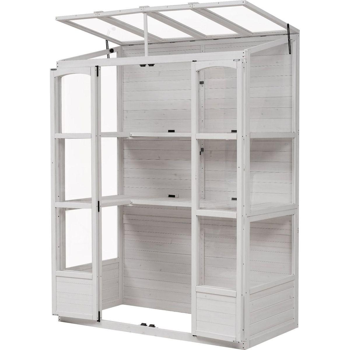 78-inch Wooden Greenhouse Cold Frame with 4 Independent Skylights and 2 Folding Middle Shelves, Walk-in Outdoor Greenhouse, White