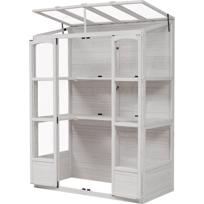 78-inch Wooden Greenhouse Cold Frame with 4 Independent Skylights and 2 Folding Middle Shelves, Walk-in Outdoor Greenhouse, White
