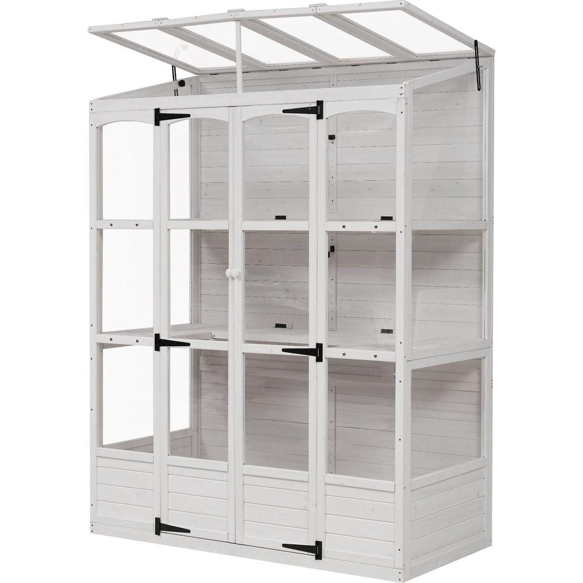 78-inch Wooden Greenhouse Cold Frame with 4 Independent Skylights and 2 Folding Middle Shelves, Walk-in Outdoor Greenhouse, White