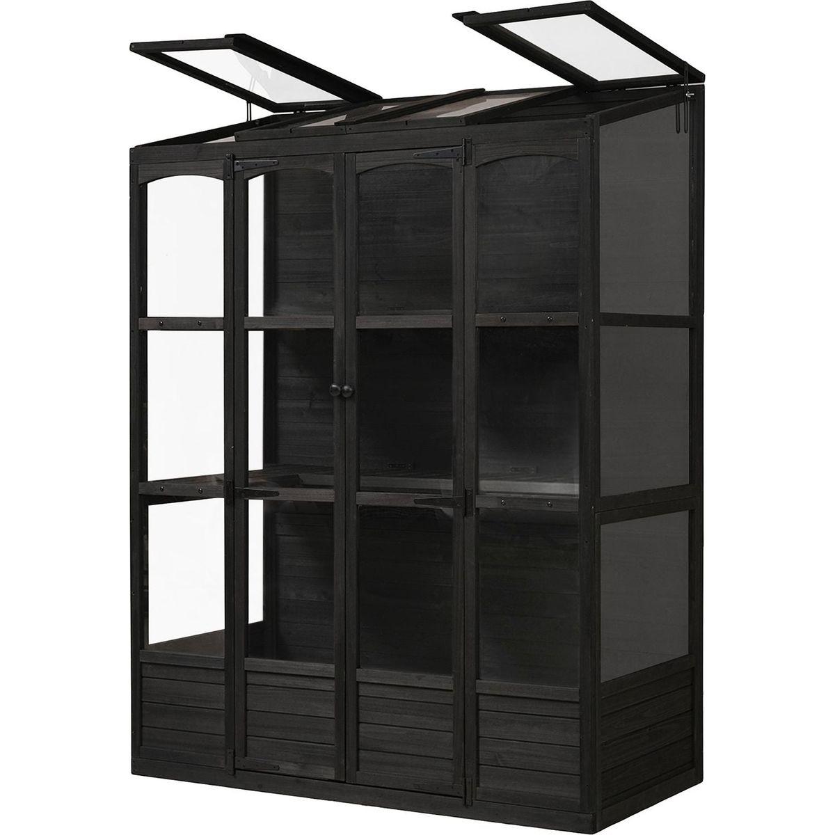 78-inch Wooden Greenhouse Cold Frame with 4 Independent Skylights and 2 Folding Middle Shelves, Walk-in Outdoor Greenhouse, Black
